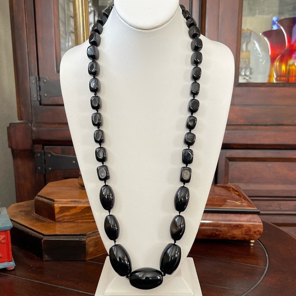 Natural black onyx graduated bead sterling silver necklace - Picture 6 of 6